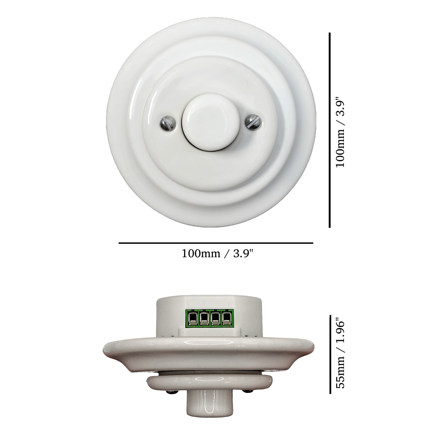 white porcelain dimmer light switch, flush-mount, measurements