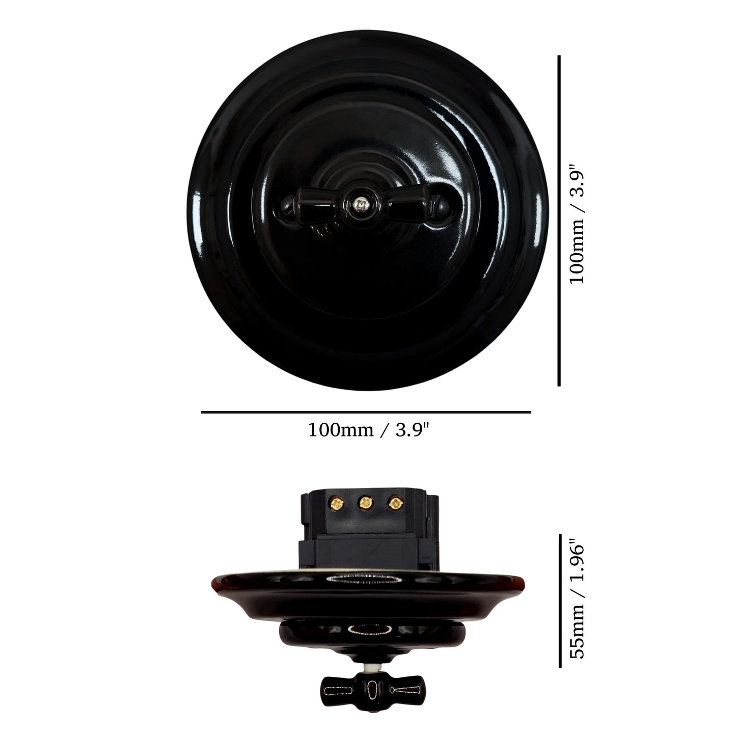 black porcelain intermediate rotary light switch, flush-mount, measurements
