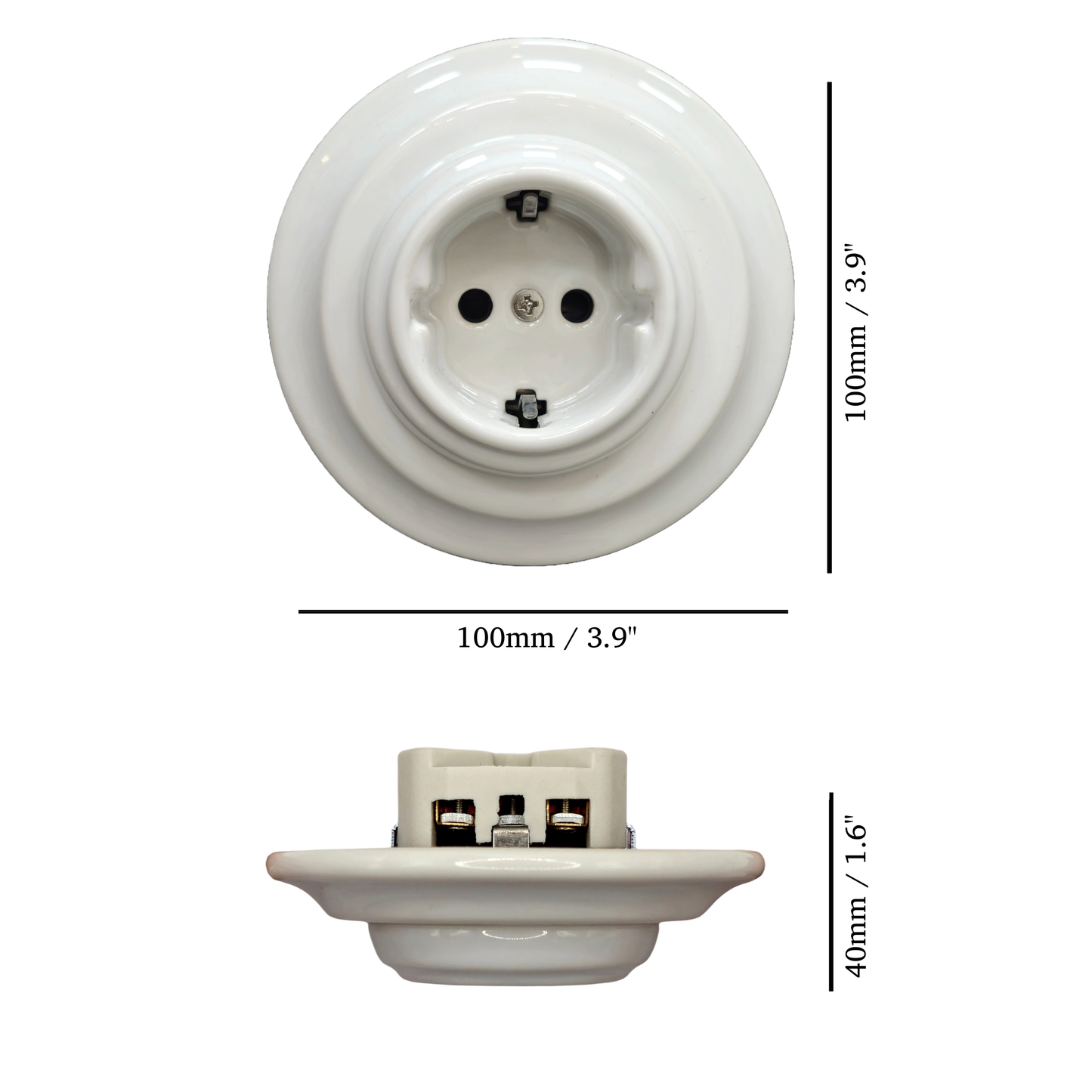 Single SCHUKO porcelain socket, white, flush-mounted, measurements