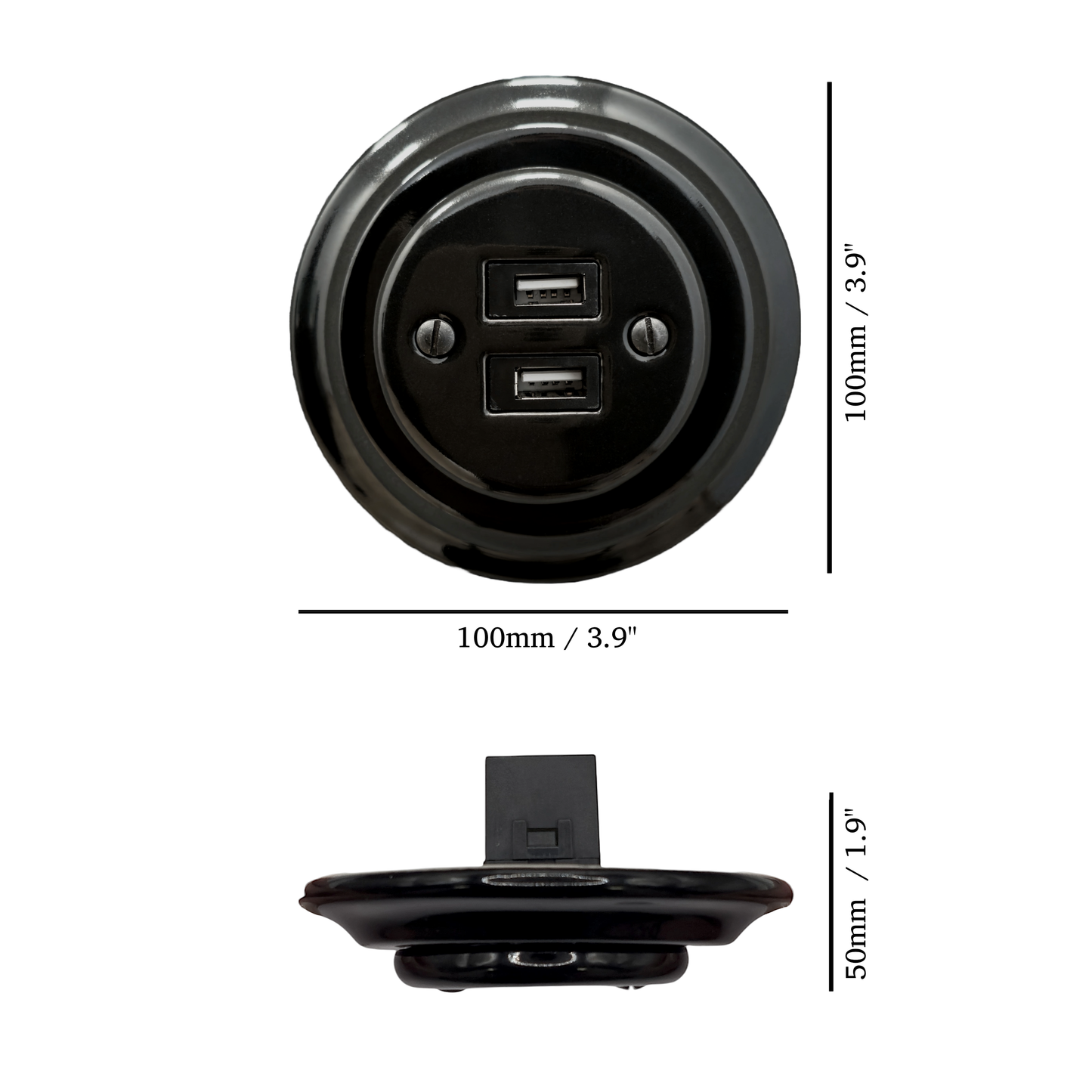 Black porcelain USB-A charging socket, flush-mounted, measurements