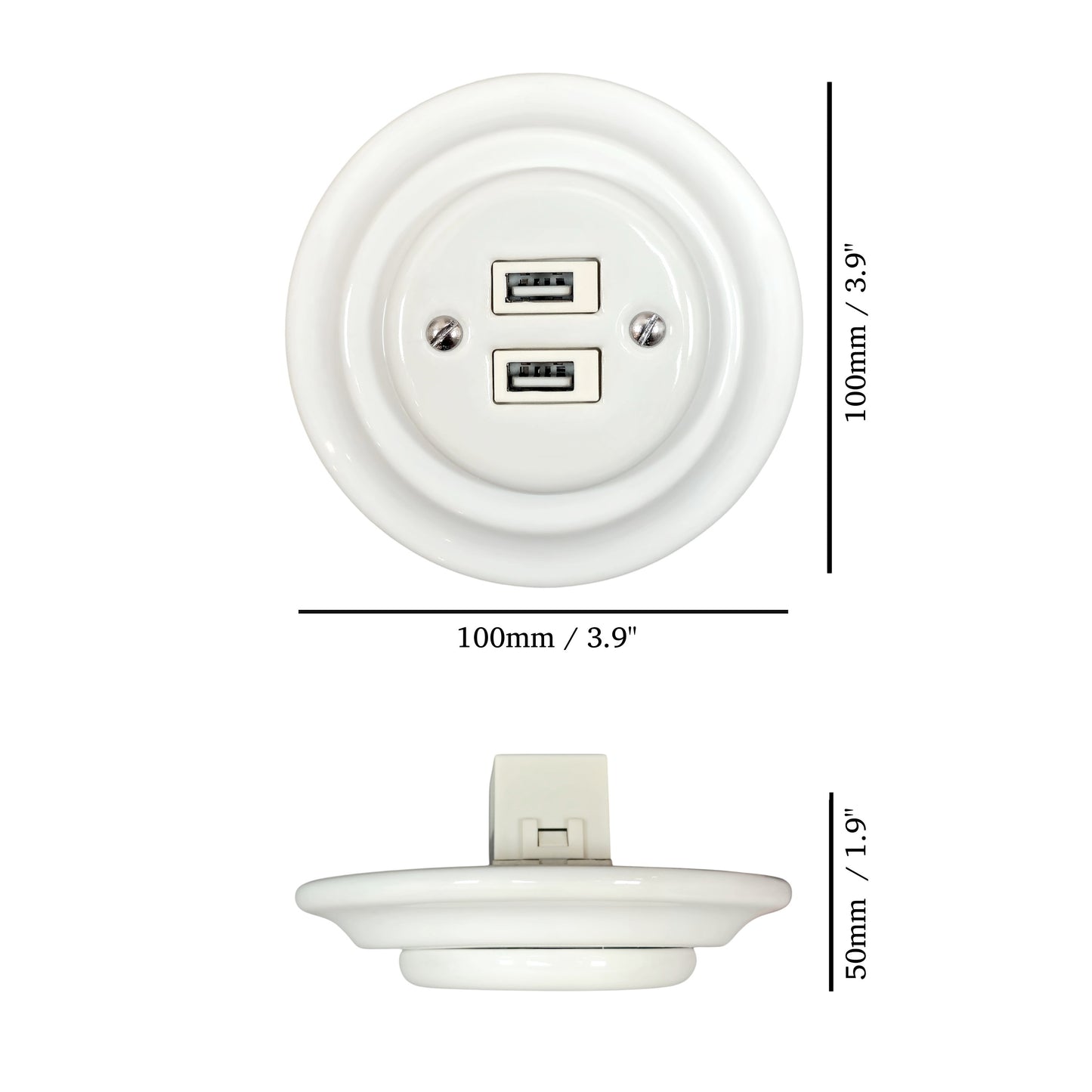 White porcelain USB-A charging socket, flush-mounted, measurements