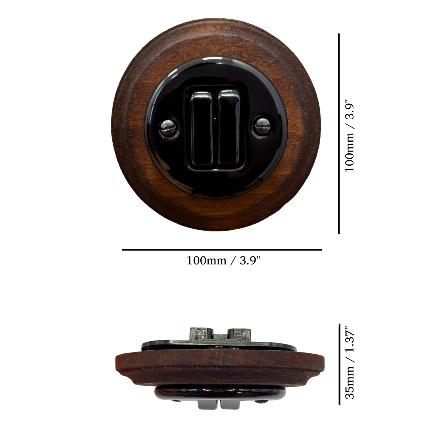 black porcelain 2gang2way light switch dark wood frame, flush-mount, measurements