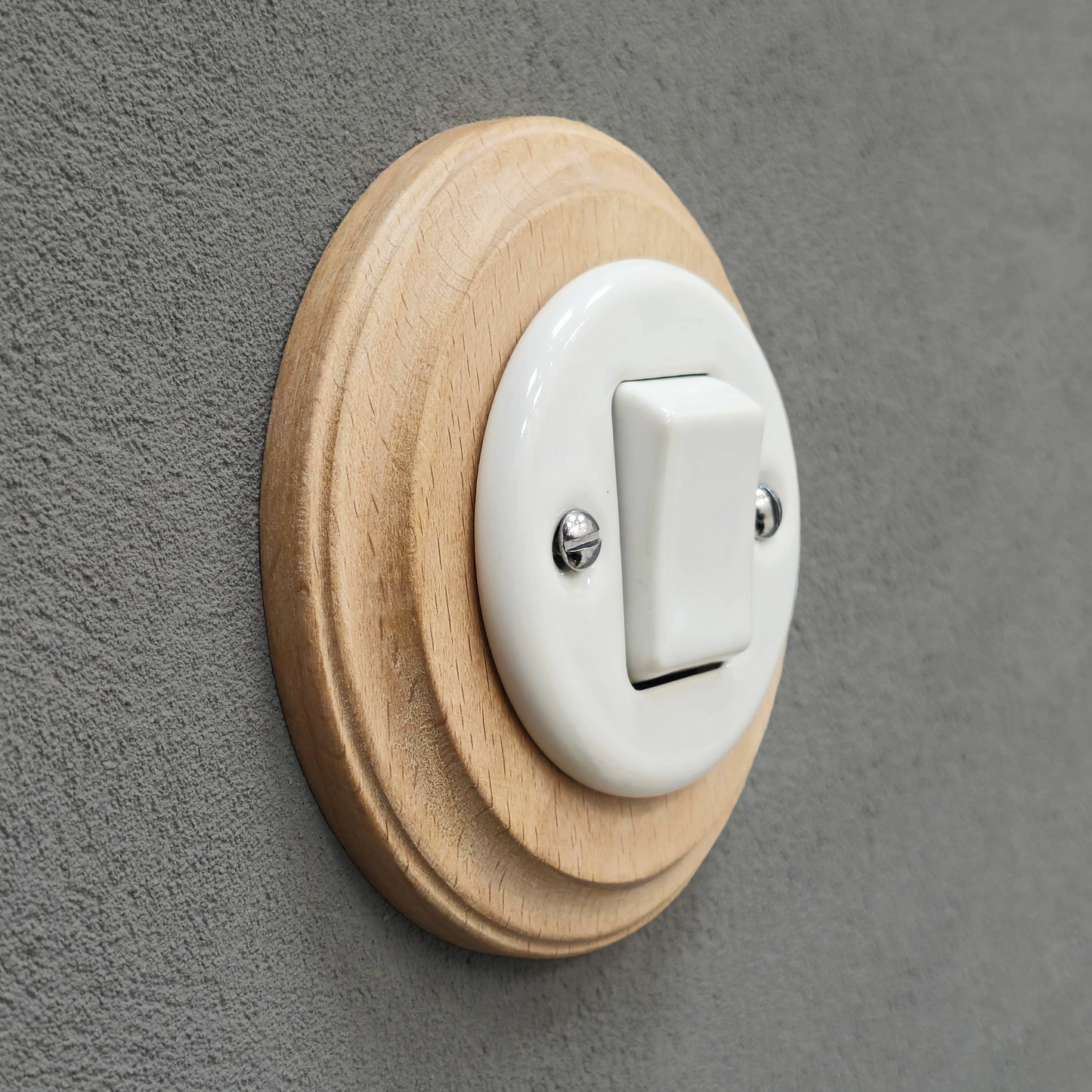 Retro Style White Ceramic Two-Pole Push Button Switch Flush-Mounted Natural Wood Frame, D100mm