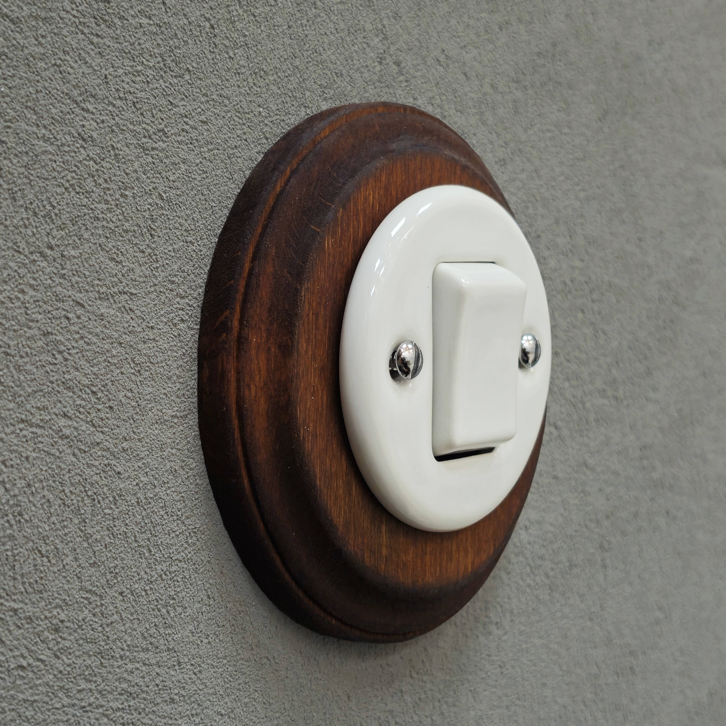 Retro Style White Ceramic Two-Pole Push Button Switch Flush-Mounted Dark Wood Frame, D100mm