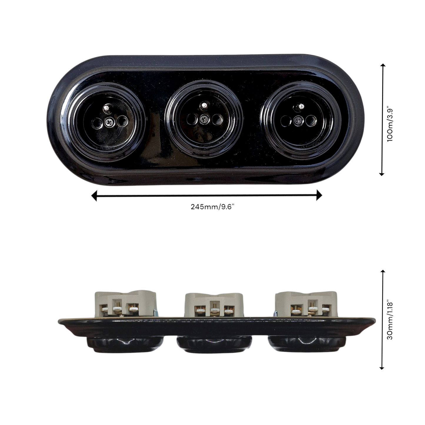 Triple black French porcelain socket, flush-mount, measurements