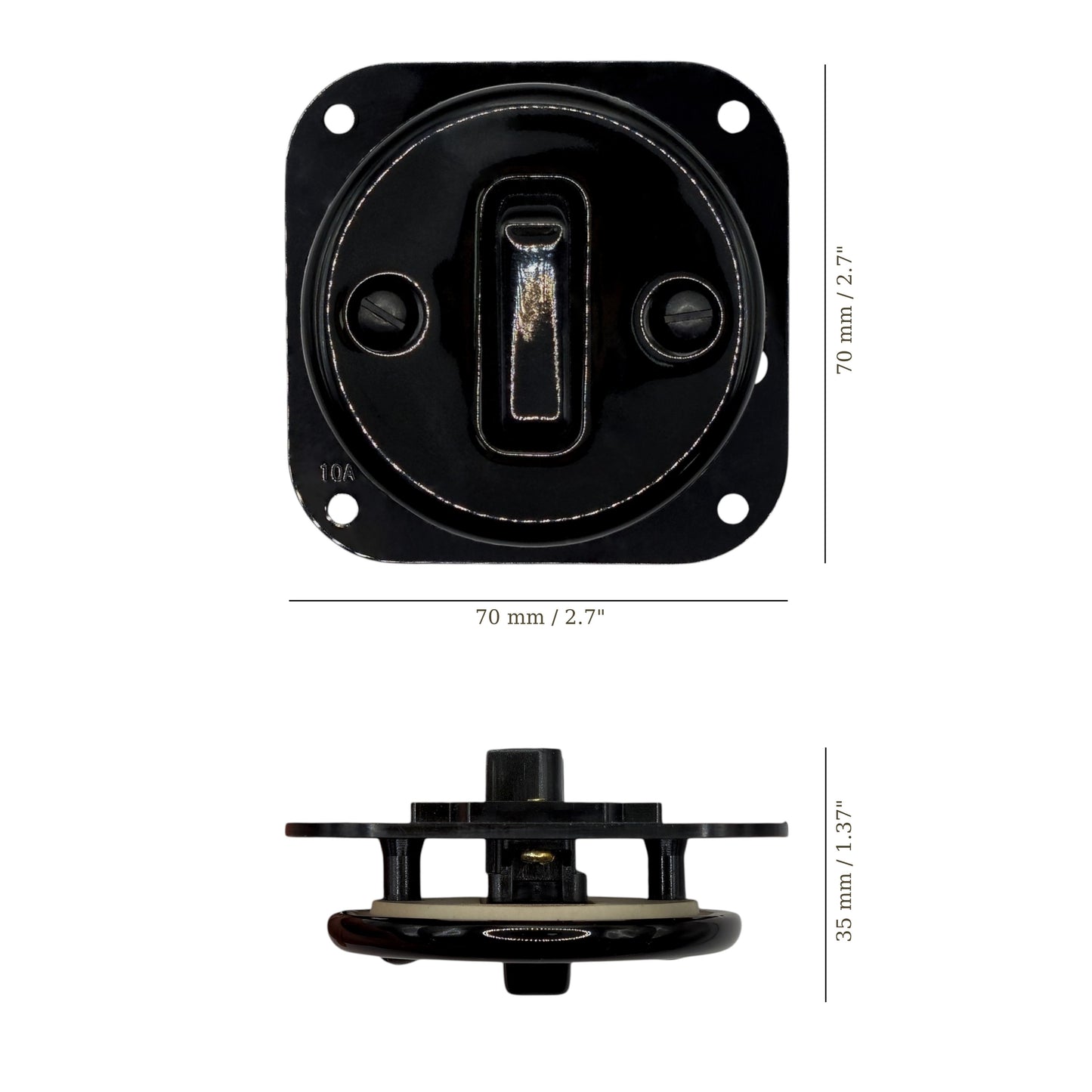 black porcelain 1gang2pole light switch insert, flush-mount, measurements