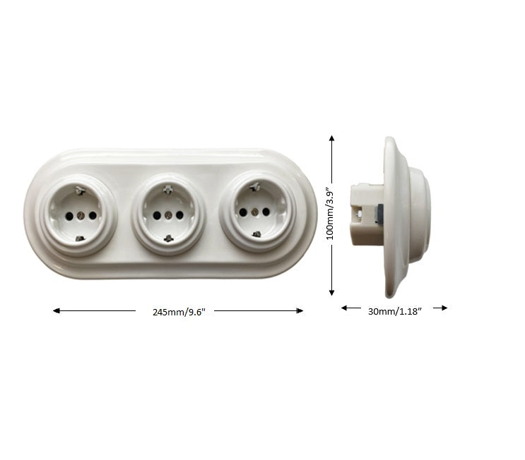 Triple Power Socket Porcelain Loft Retro Electrical German Schuko Flush-Mounting Vintage Cottage Ceramic White