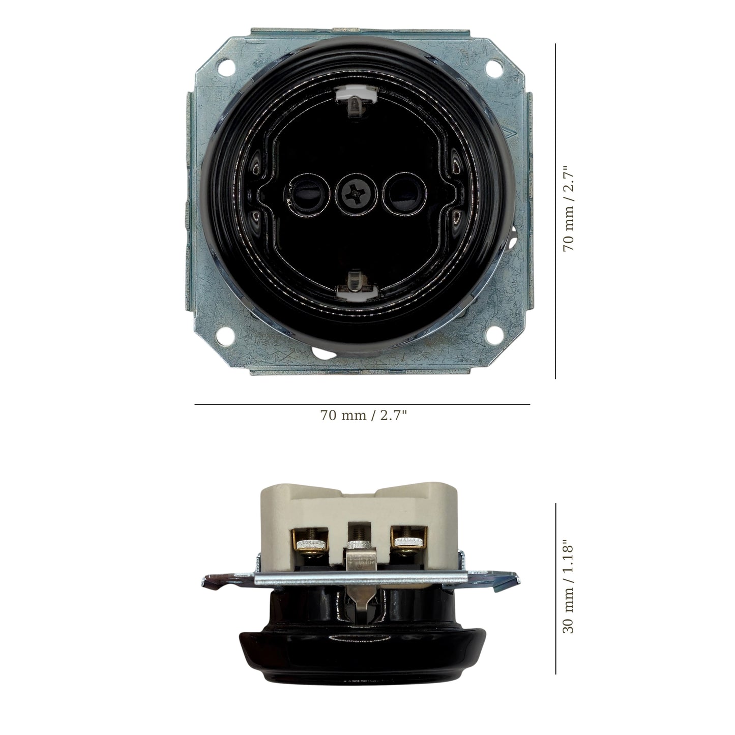 Single SCHUKO porcelain socket insert, black, flush-mounted, measurements