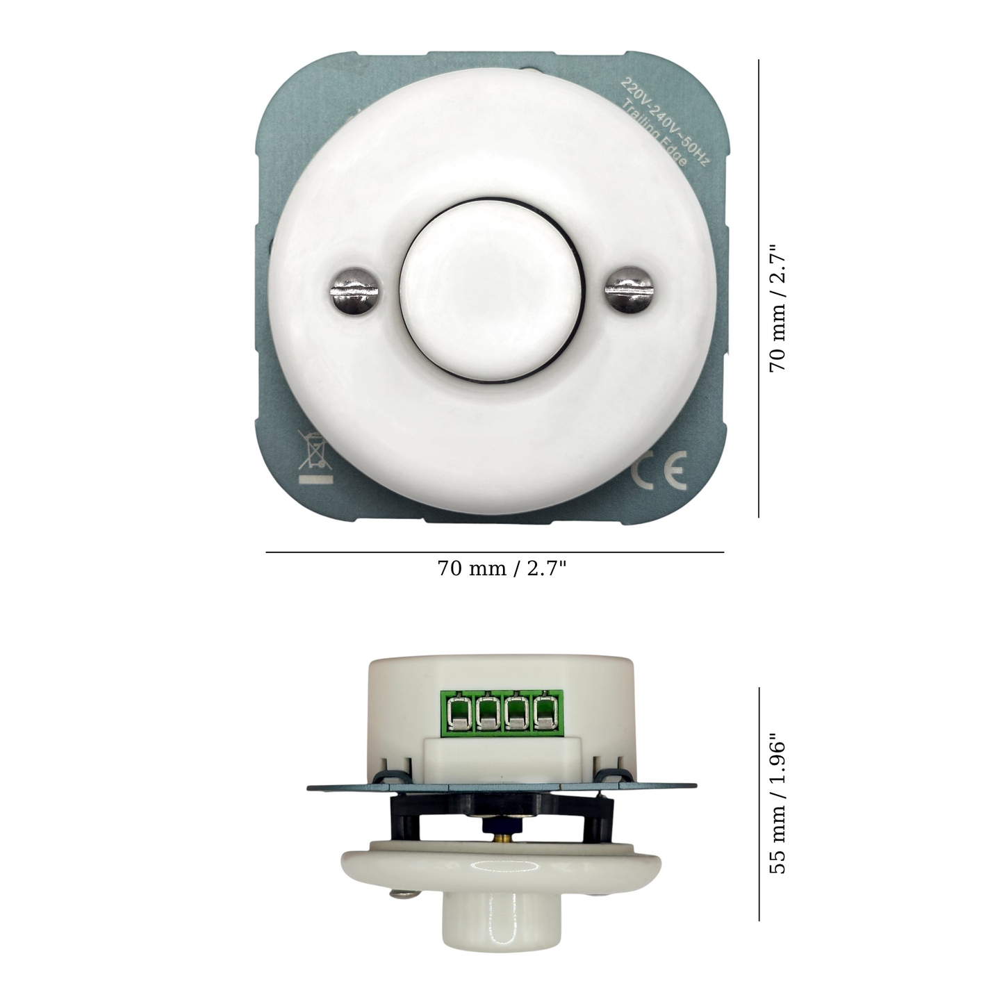 white porcelain dimmer light switch insert, flush-mount, measurements