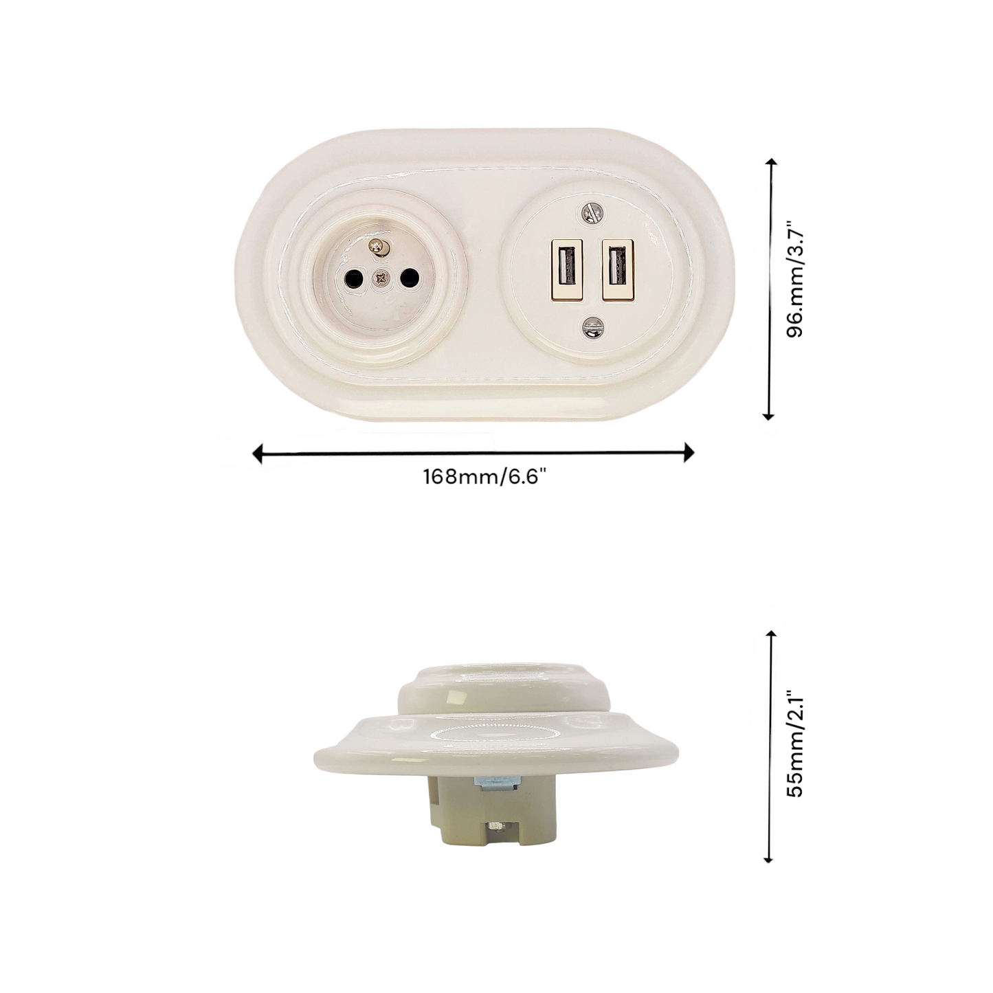 Porcelai USB French Socket – Retro Loft Style | Vintage Design, Flush-Mounted White