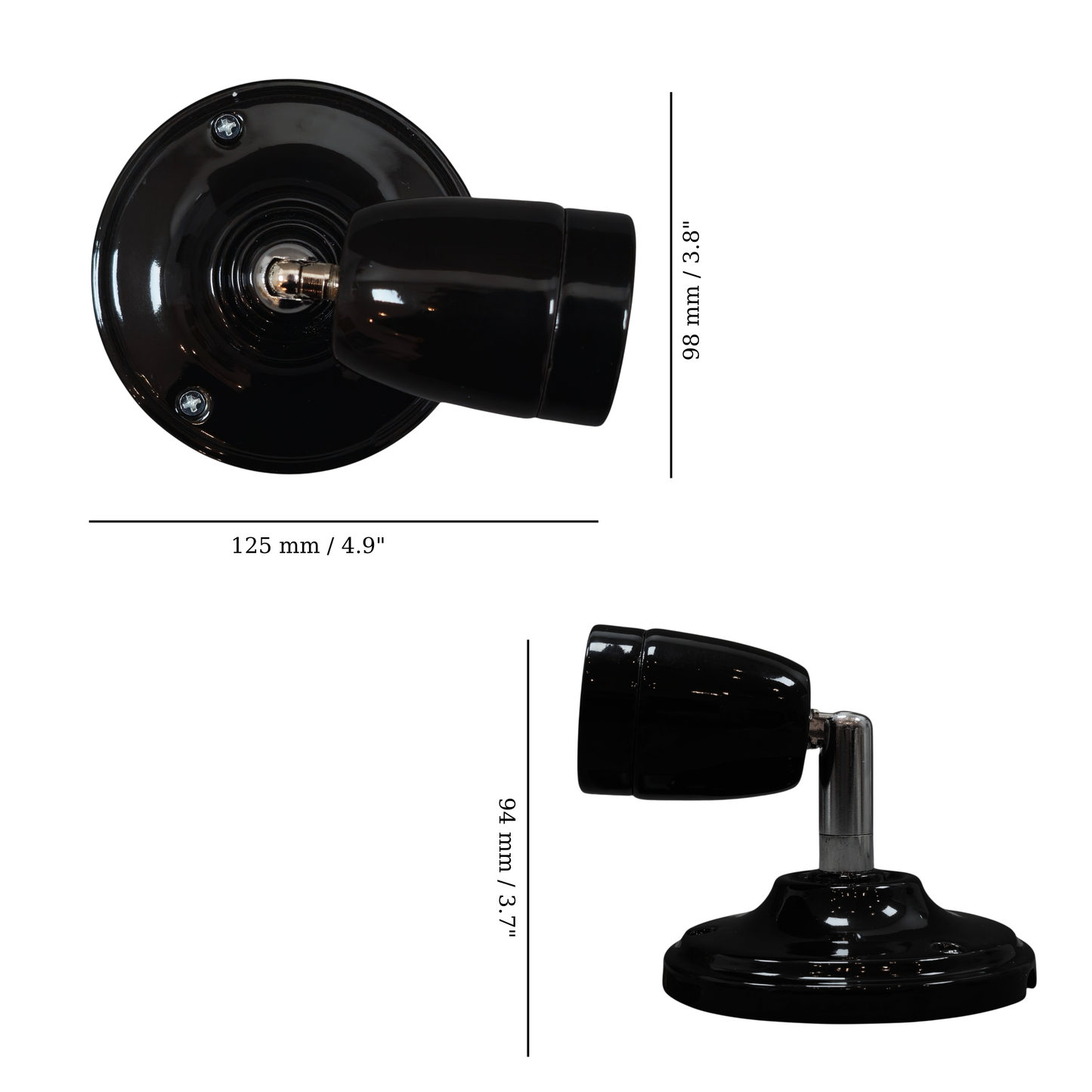 black porcelain adjustable E27 lamp holder, wall mount, measurements