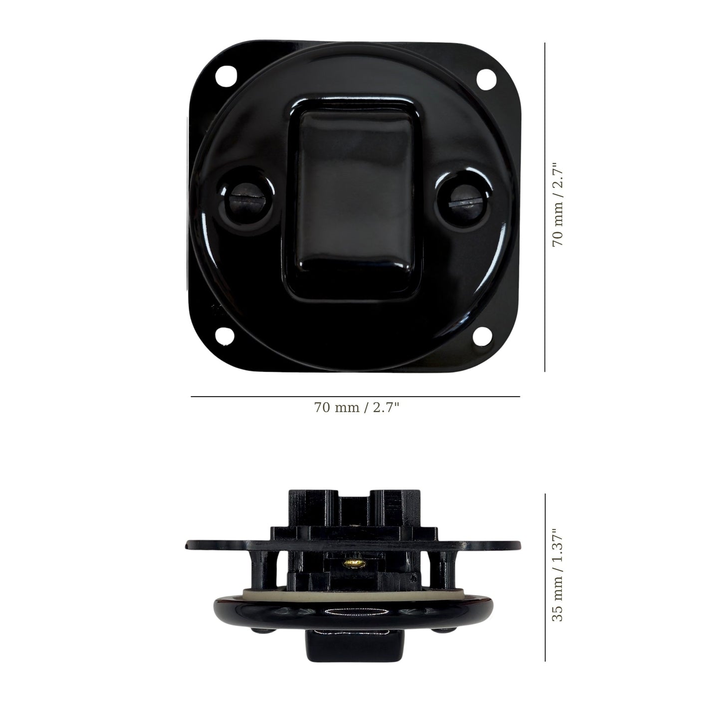 black porcelain 1gang2pole big key light switch insert, flush-mount, measurements