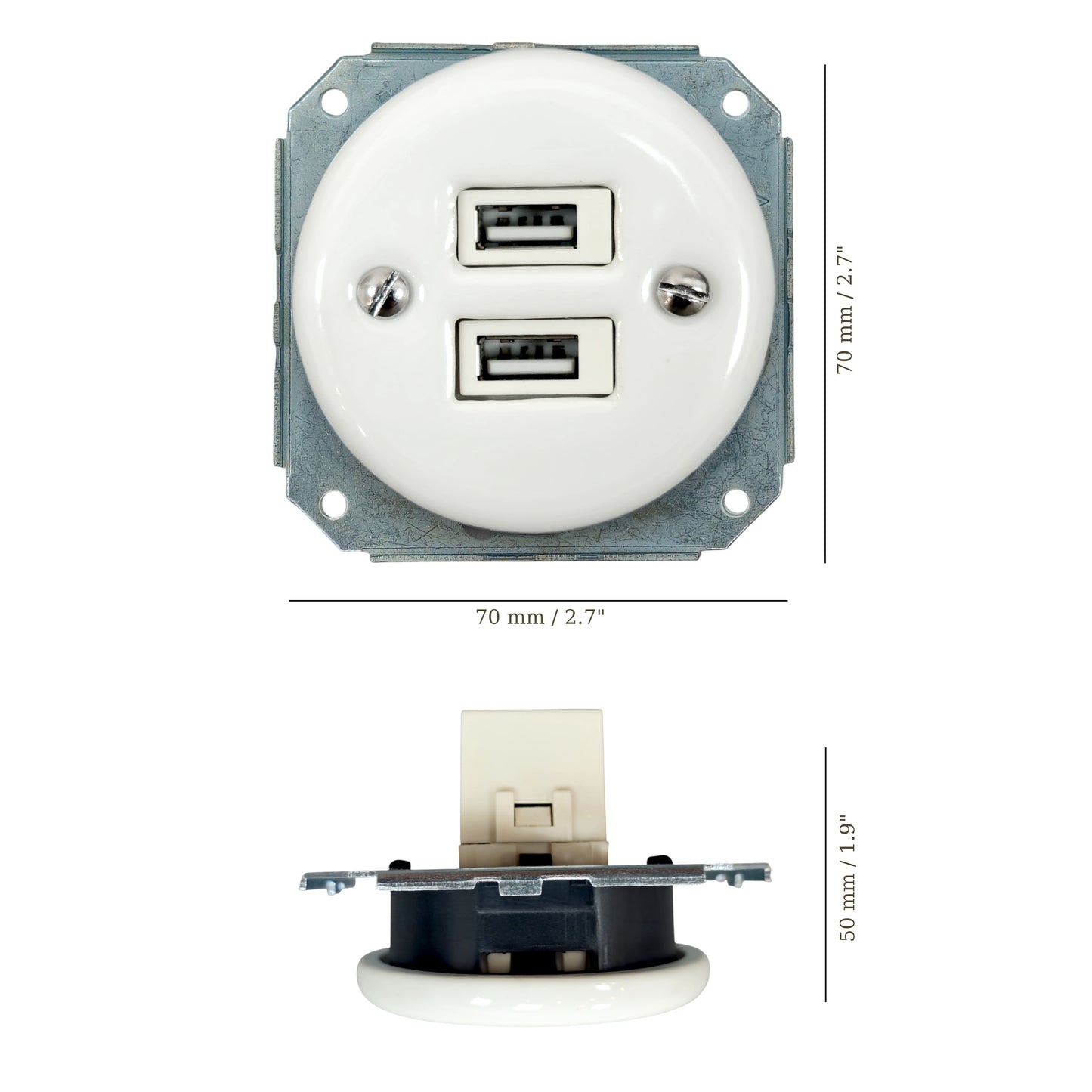 White porcelain USB-A charging socket insert, flush-mounted, measurements