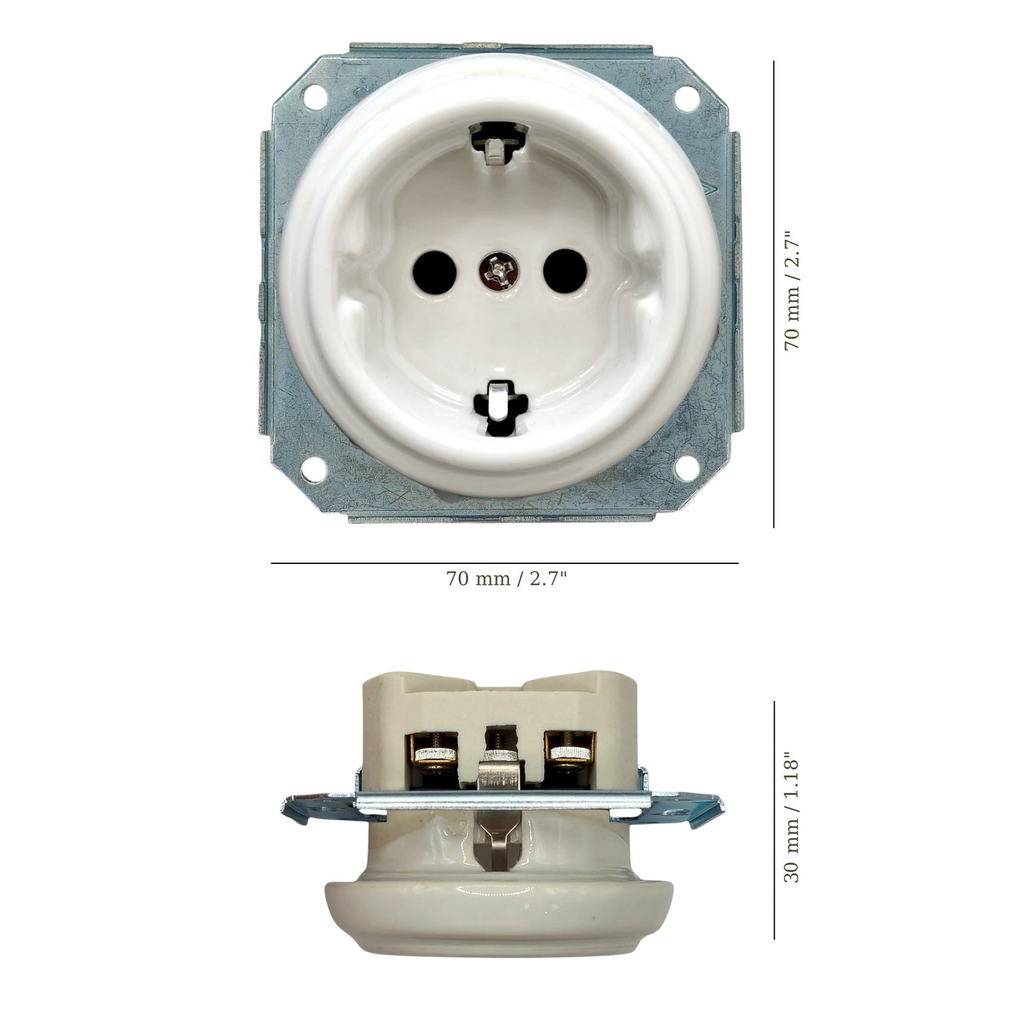 Single SCHUKO porcelain socket insert, white, flush-mounted, measurements
