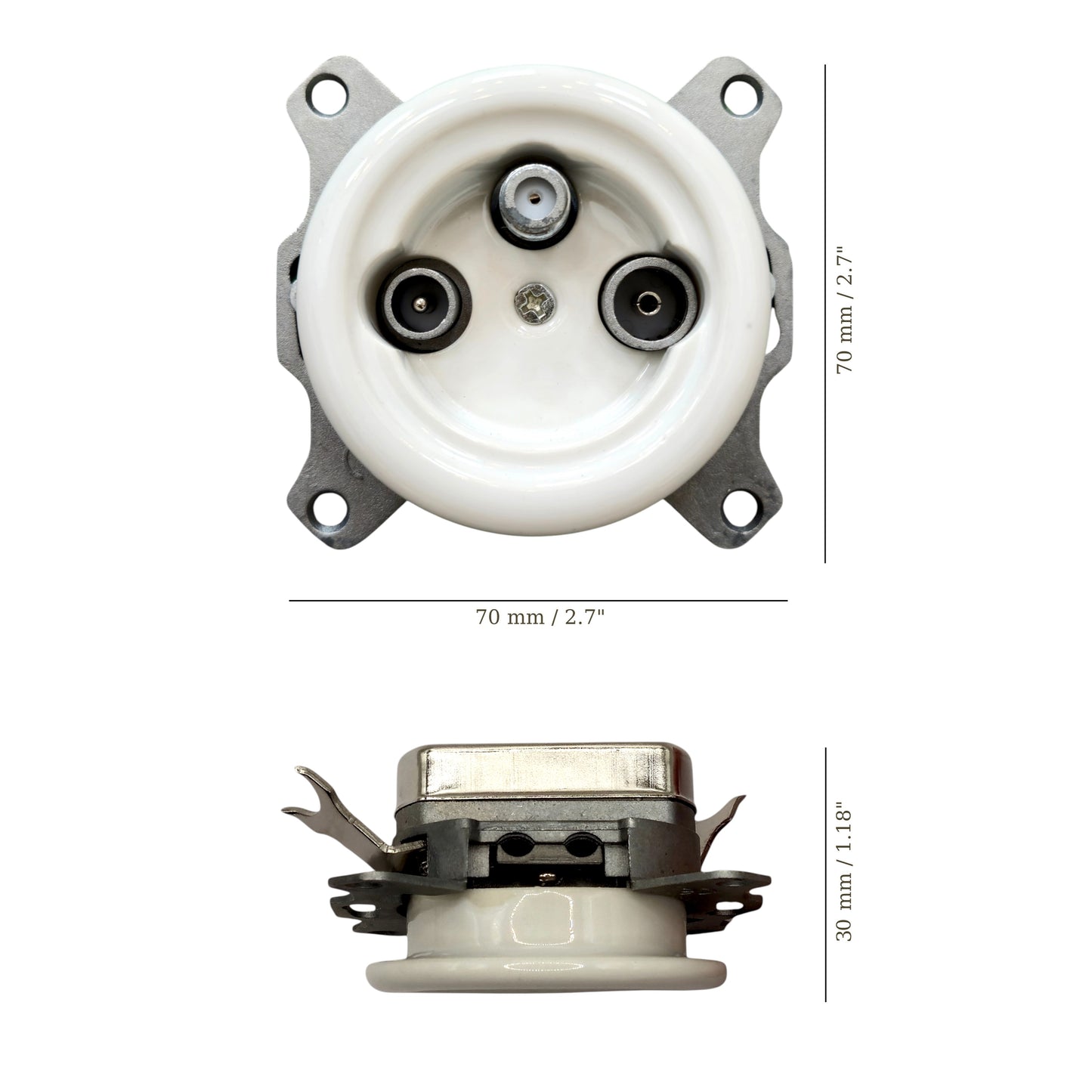 White porcelain TV+SAT socket insert, flush-mounted, measurements