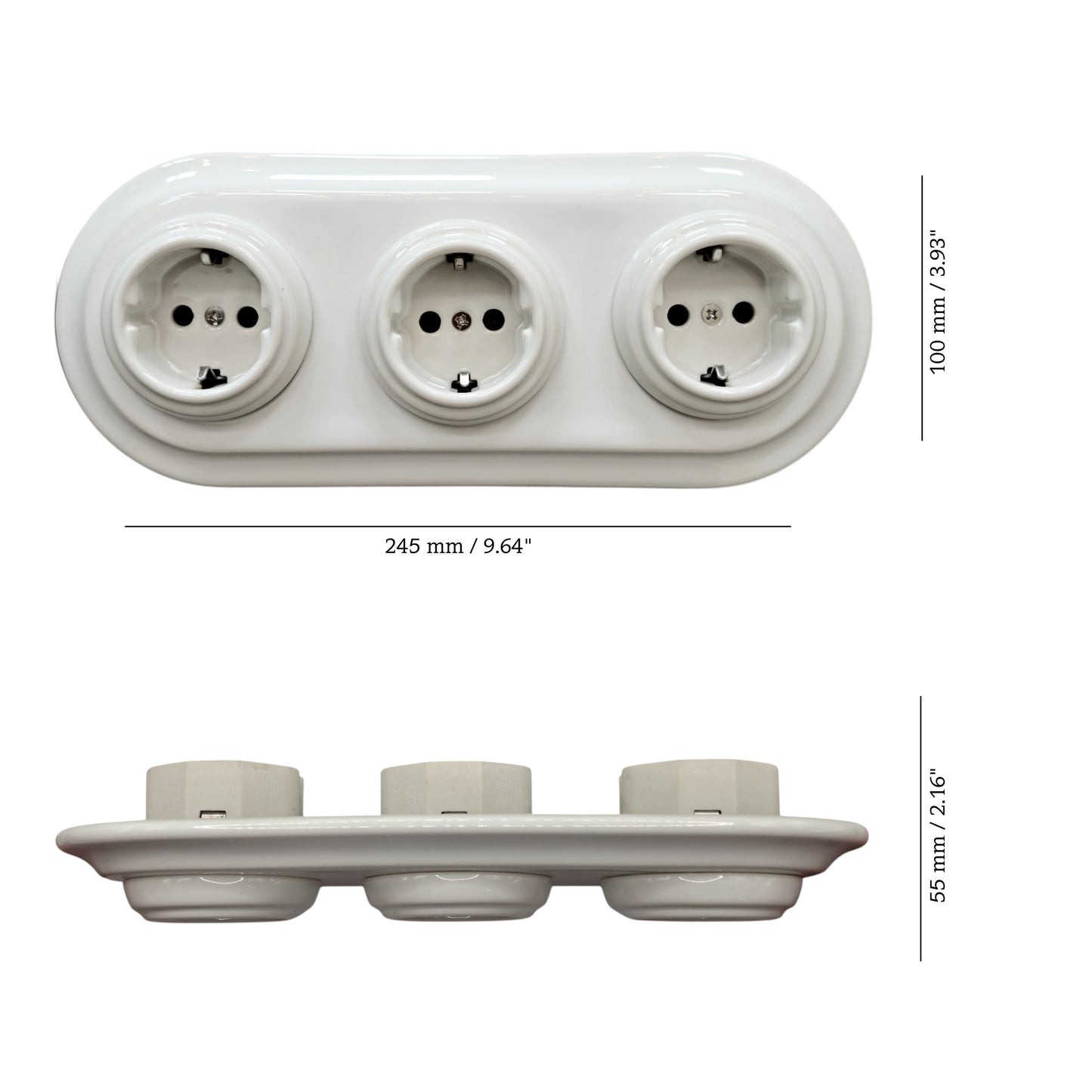 Triple SCHUKO porcelain socket, white, flush-mounted, measurements