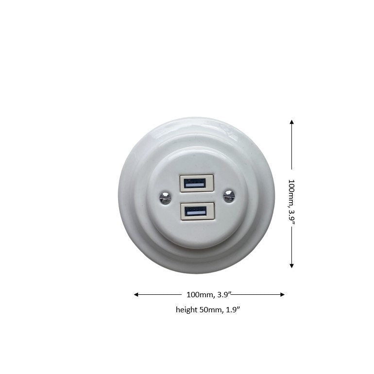 Porcelain Loft Retro Electrical USB Charging Socket Flush-Mounting Vintage Cottage Ceramic White