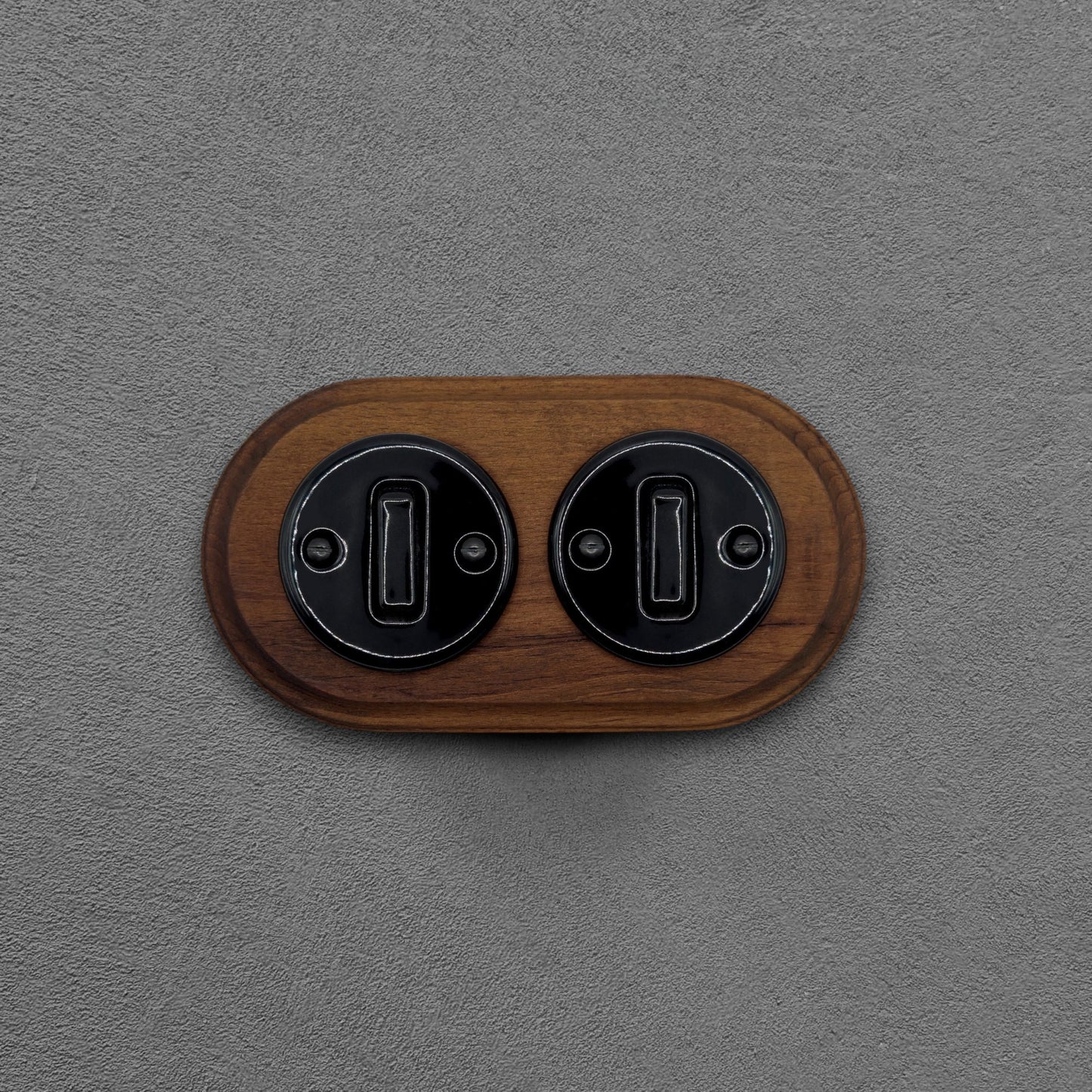 Retro Style Black Ceramic Slim Rocker Light Switch 1-Gang Two-Way With Dark Wood Frame Flushed-Mounted