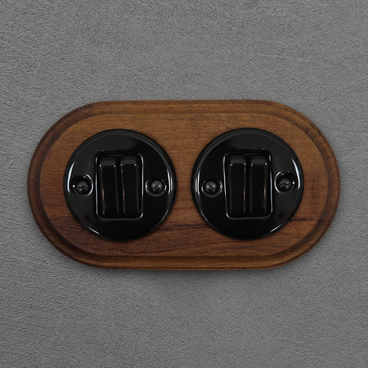Retro Style Black Ceramic Slim Rocker Light Switch 2-Gang Two-Way With Dark Wood Frame Flushed-Mounted