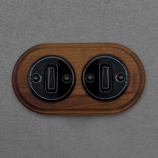 Retro Style Black Ceramic Slim Rocker Light Switch 1-Gang Two-Way With Dark Wood Frame Flushed-Mounted