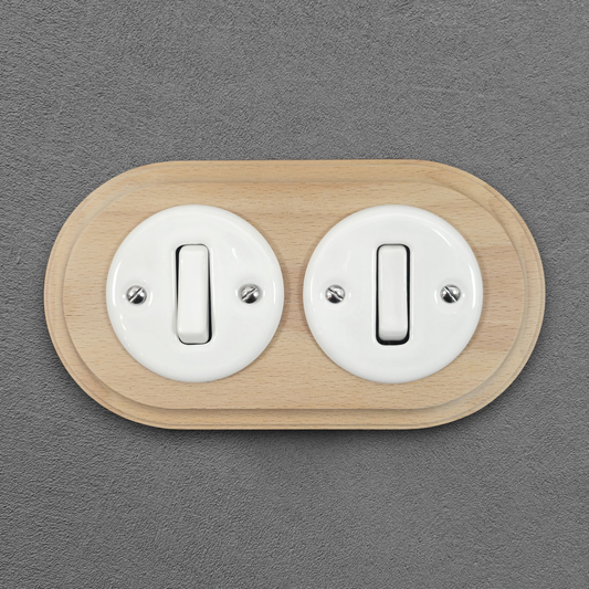 Wooden Frame Double Porcelain Light Switch Loft Retro 1-gang Two-way Flush-Mounting Vintage Cottage Ceramic Natural Wood With White