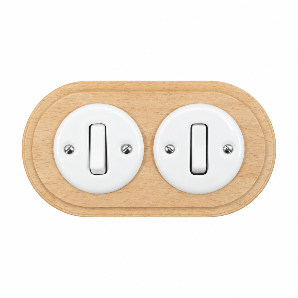 Flush Mount 1-Gang 2-Way Rocker Light Switch - Double in White Porcelain & Light Wood