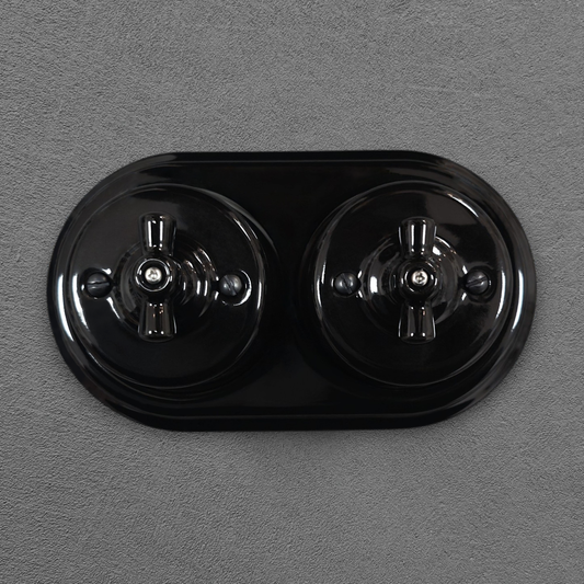 Double Retro Style Black Ceramic Type-3 Crossing Rotary Light Switch Surface-Mounted