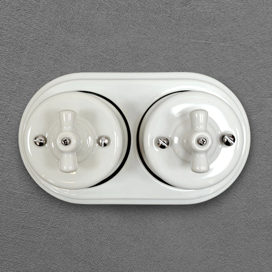 Double Retro Style White Ceramic Type-2 Double One-Way Rotary Light Switch Surface-Mounted