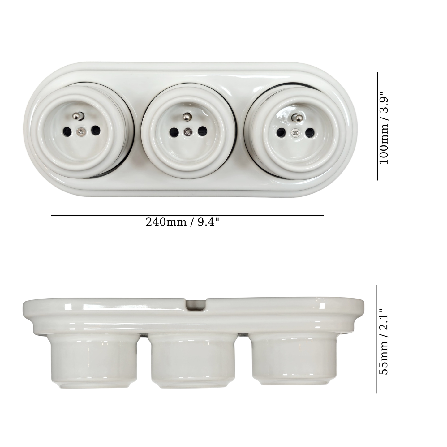 Triple Power French Socket Porcelain Surface Mounted Loft Retro Electrical 3 Socket Vintage Cottage Ceramic White
