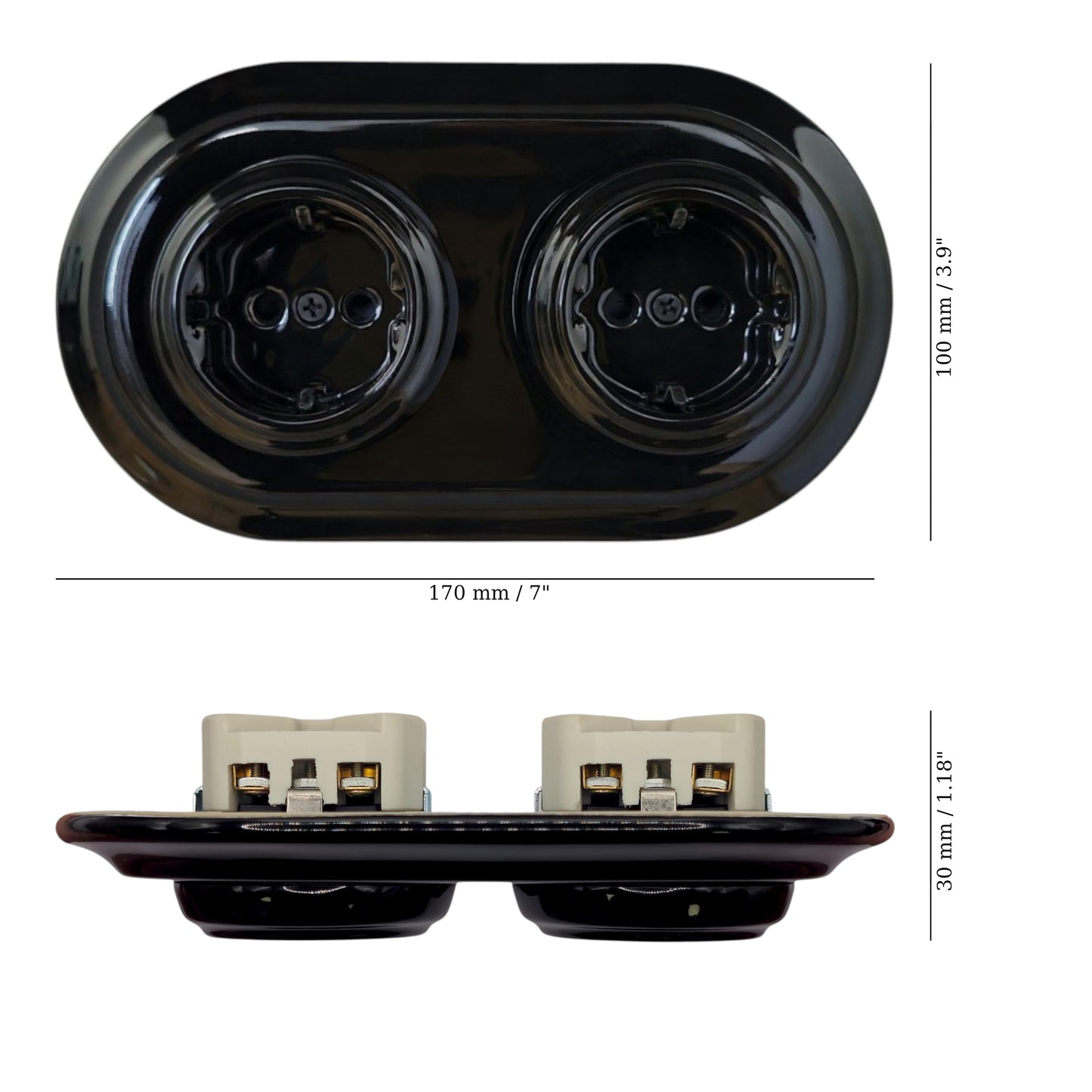 Double SCHUKO porcelain socket, black, flush-mounted, measurements