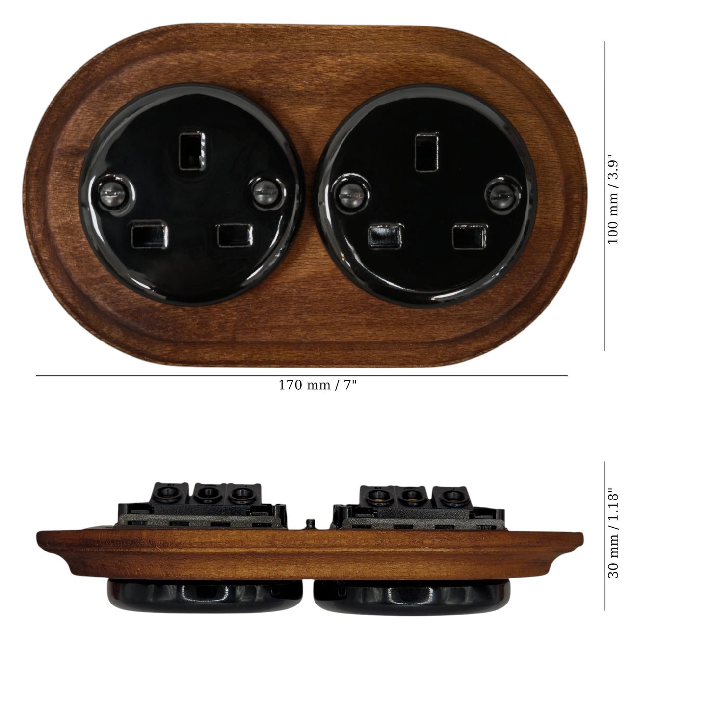 Double black porcelain UK Plug Socket with dark wood frame, flush-mounted, measurements