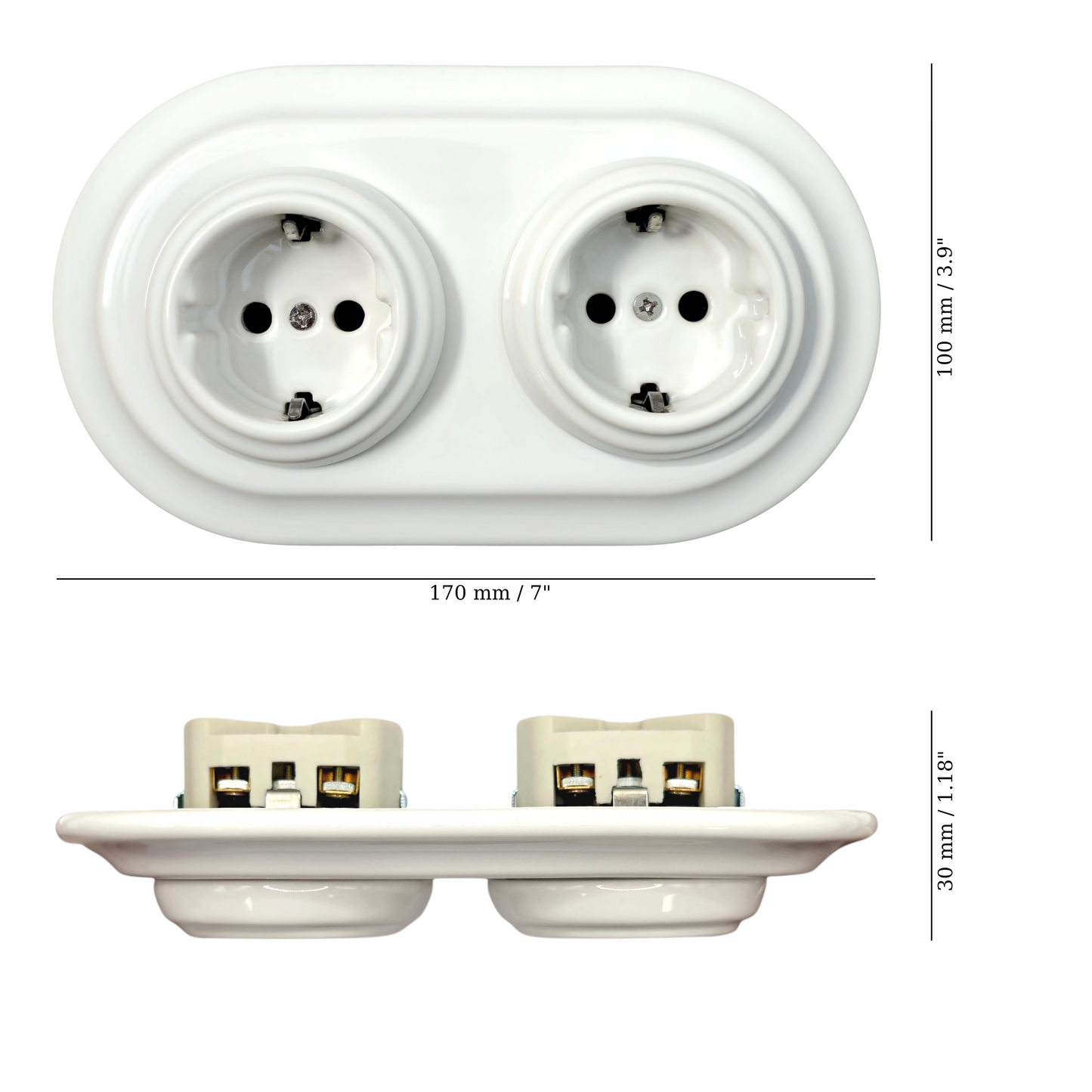 Double SCHUKO porcelain socket, white, flush-mounted, measurements