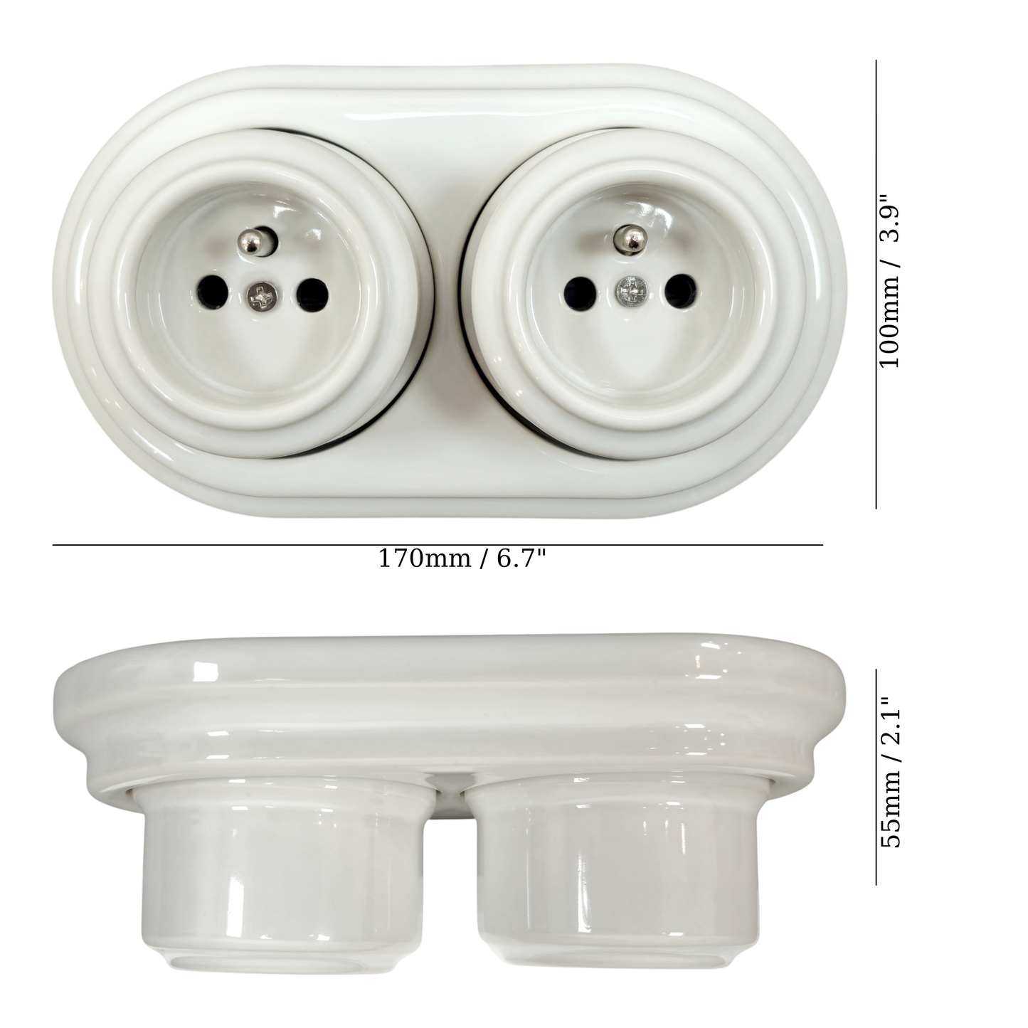 Surface-Mounting Double Frame French Power Socket Porcelain Loft Retro Electrical Vintage Cottage Ceramic White