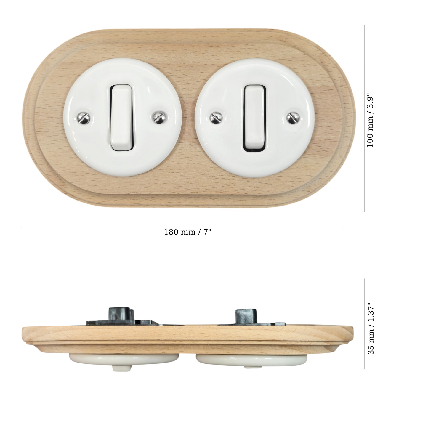 Wooden Frame Double Porcelain Light Switch Loft Retro 1-gang Two-way Flush-Mounting Vintage Cottage Ceramic Natural Wood With White