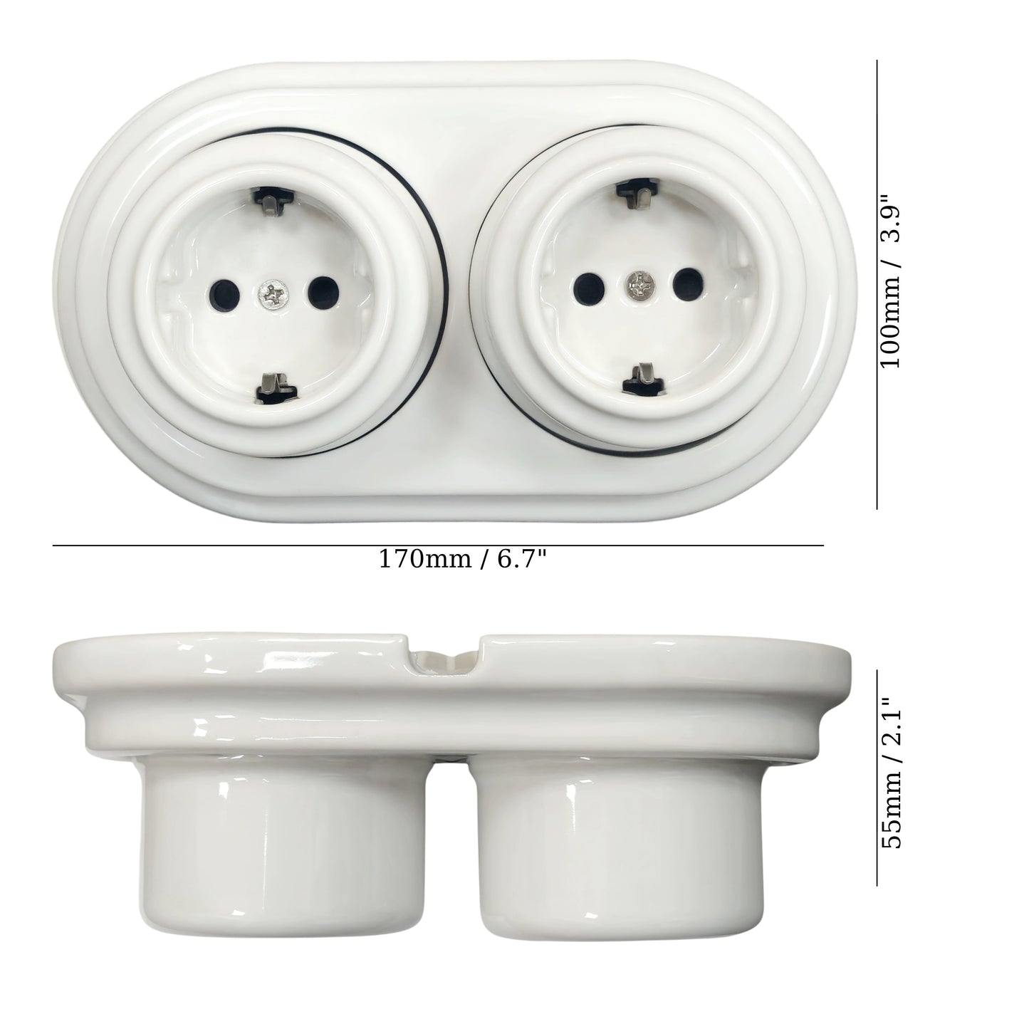 Double SCHUKO porcelain socket, white, surface-mounted, measurements
