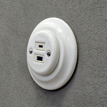 Porcelain USB Charging Socket – Retro Loft Style | Vintage Design, Flush-Mounted, USB A+C Socket in White Ceramic
