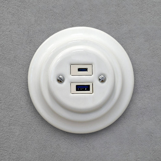Porcelain USB Charging Socket – Retro Loft Style | Vintage Design, Flush-Mounted, USB A+C Socket in White Ceramic