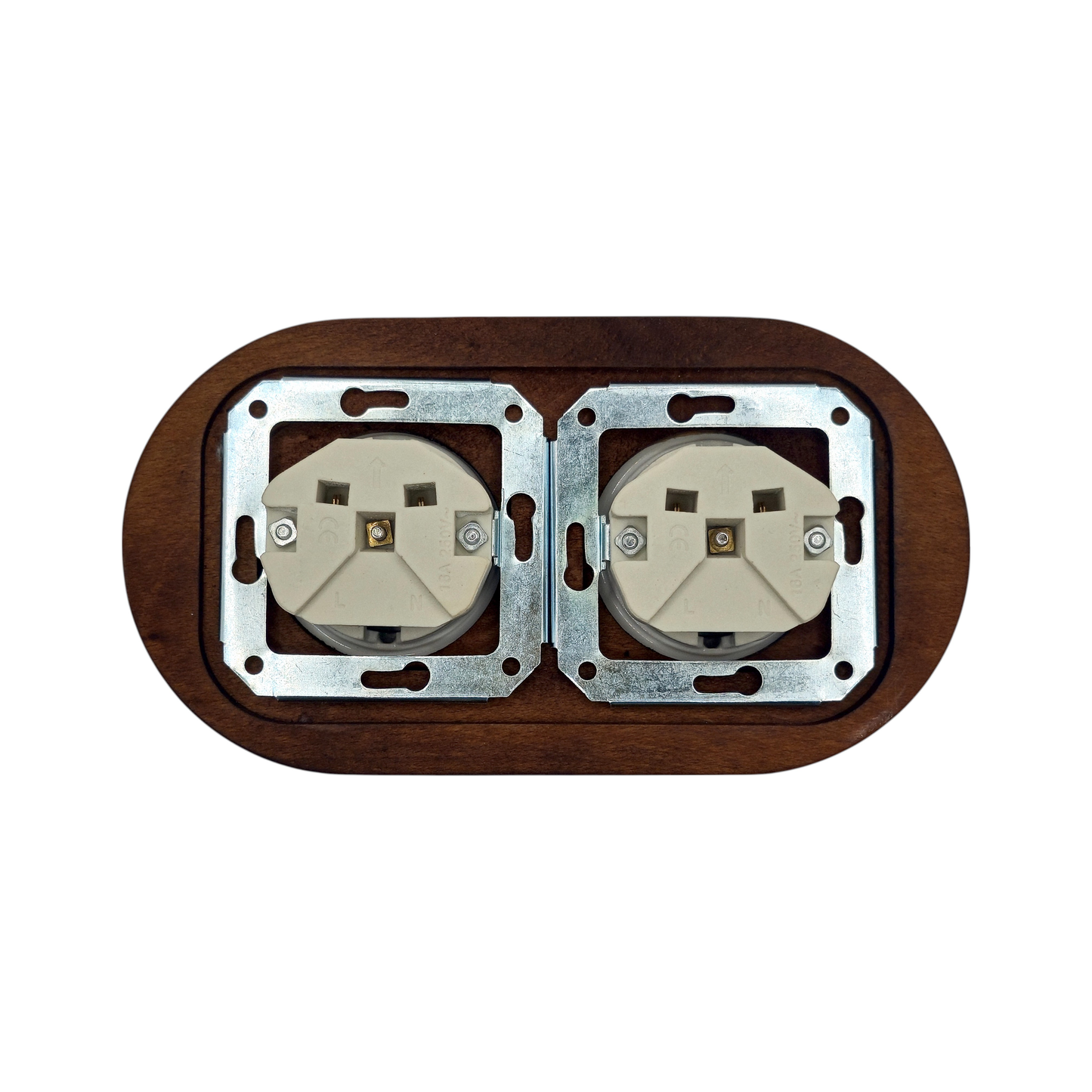 Flush Mount Schuko Socket (Type F) – Double Outlet with Side Earth Clips in Black Porcelain & Dark Wood