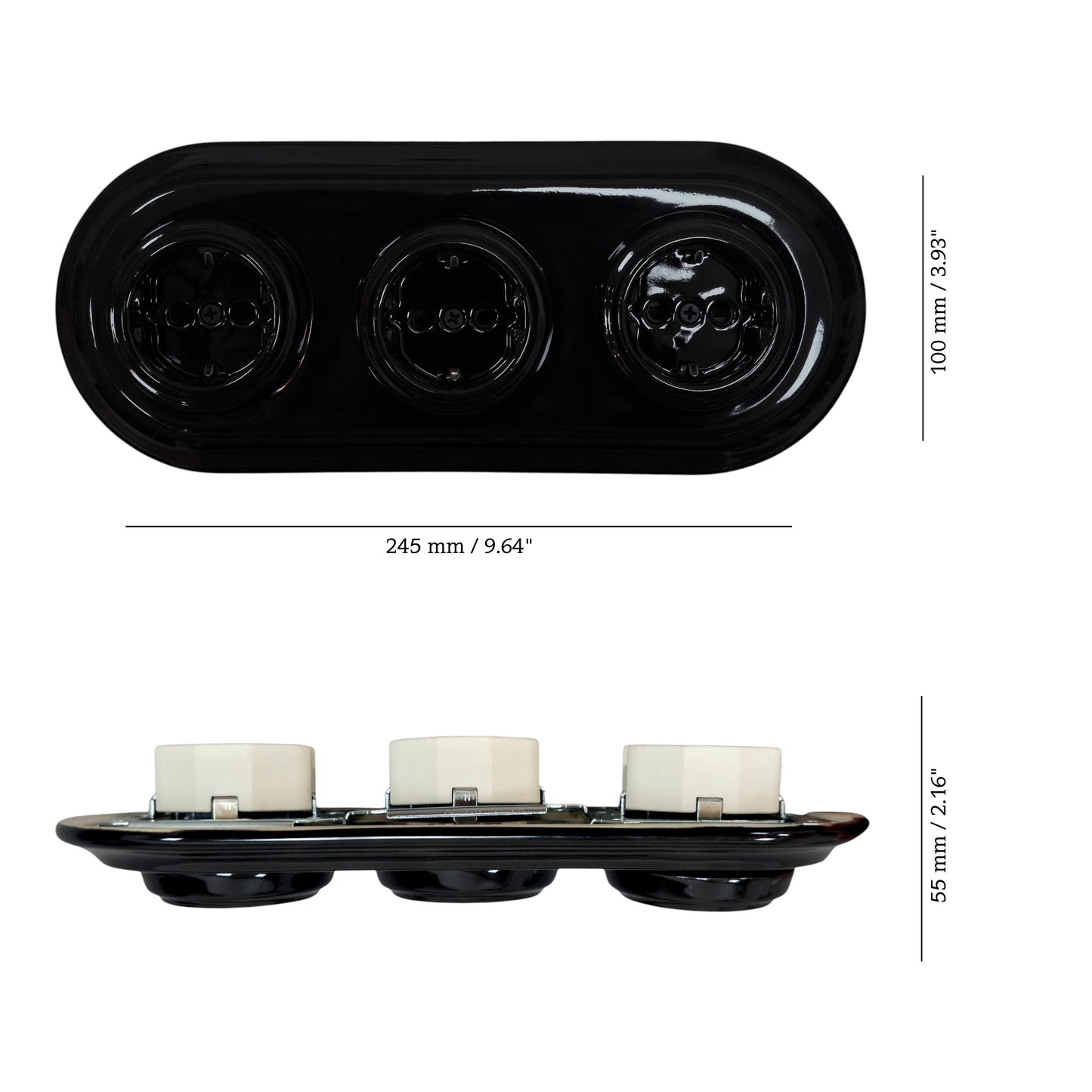 Triple Power Socket Porcelain Loft Retro Electrical German Schuko Flush-Mounting Vintage Cottage Ceramic Black