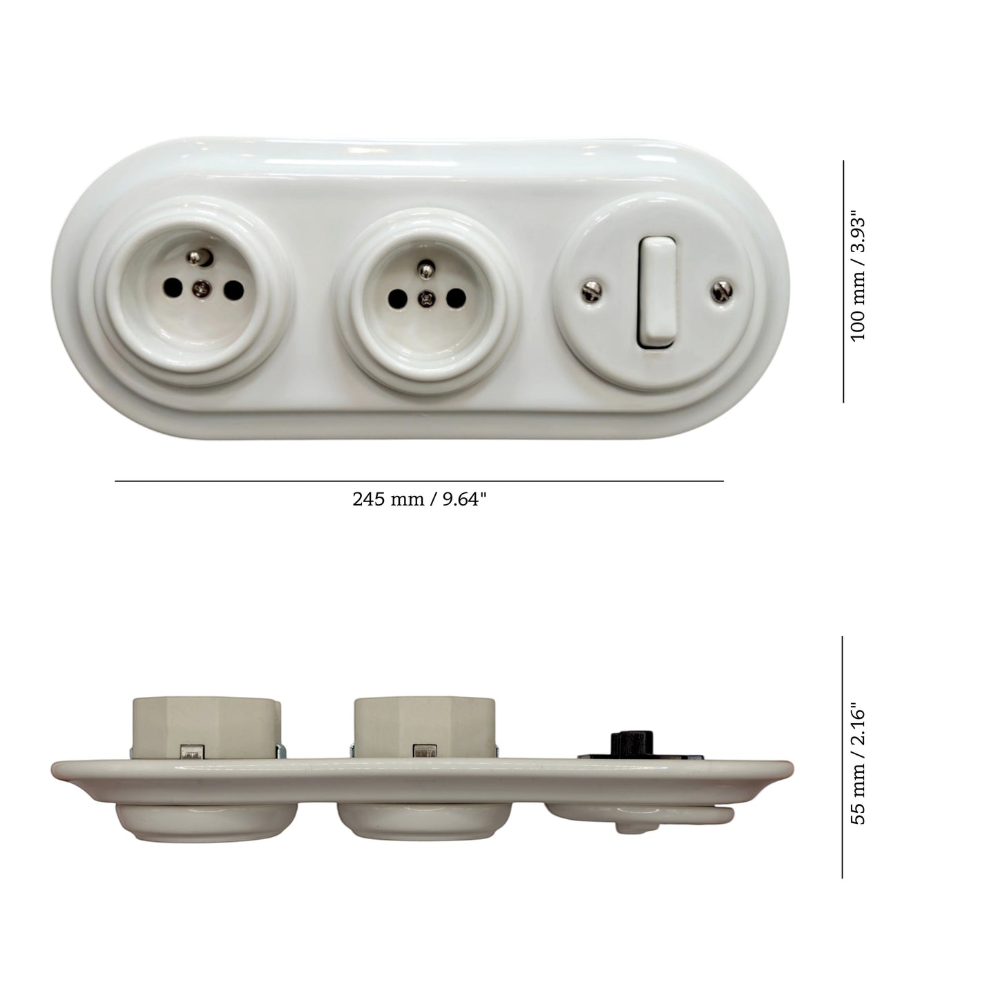 Double white French porcelain socket with light switch, flush-mount, measurements