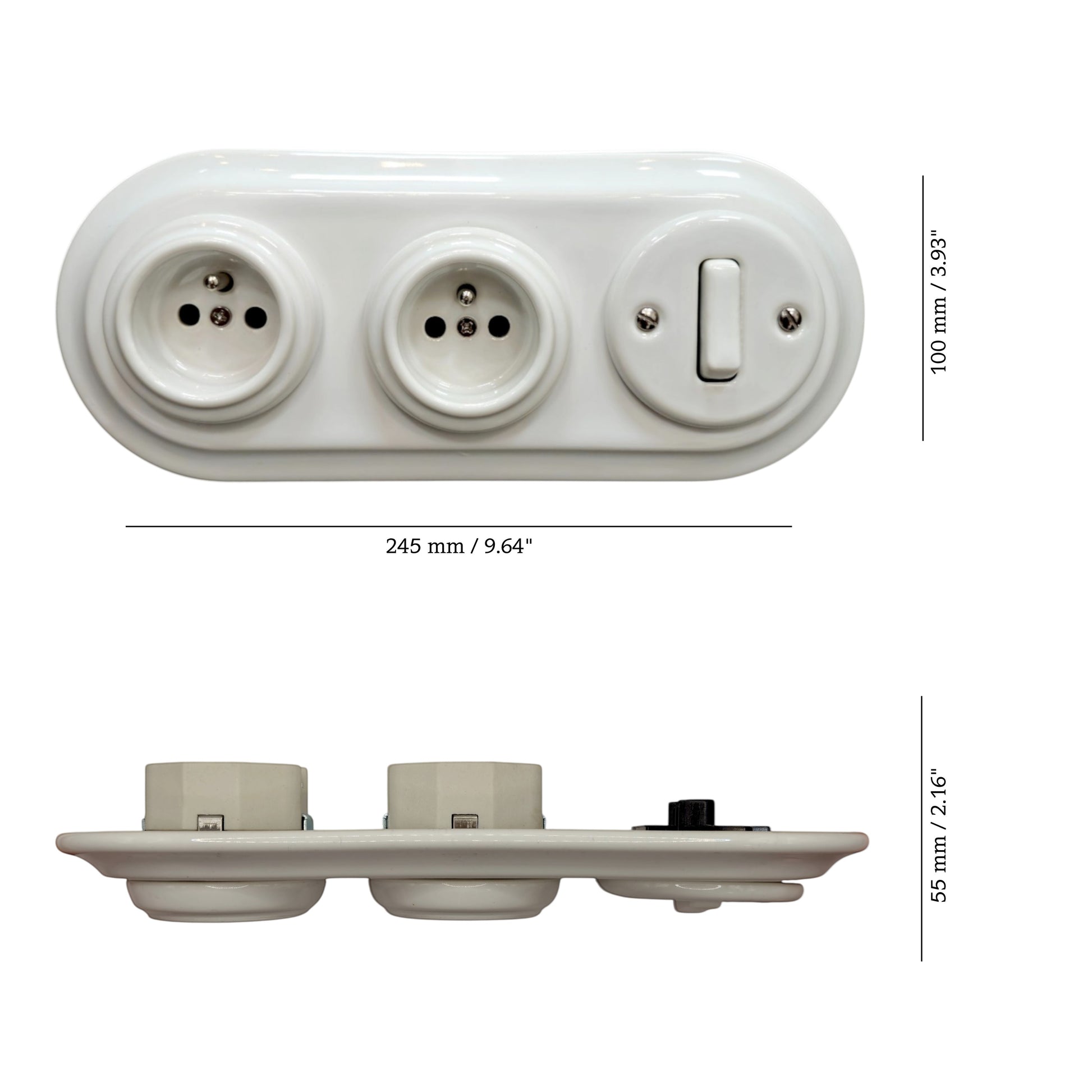 Double white French porcelain socket with light switch, flush-mount, measurements