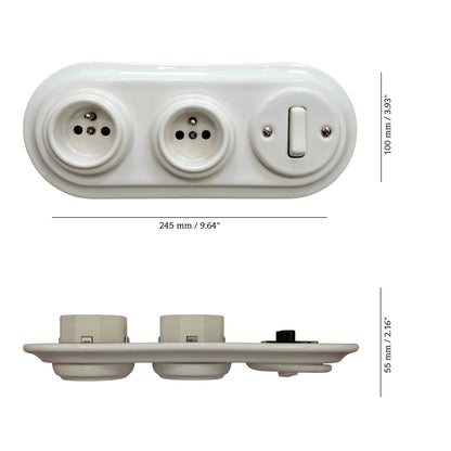 Double white French porcelain socket with light switch, flush-mount, measurements