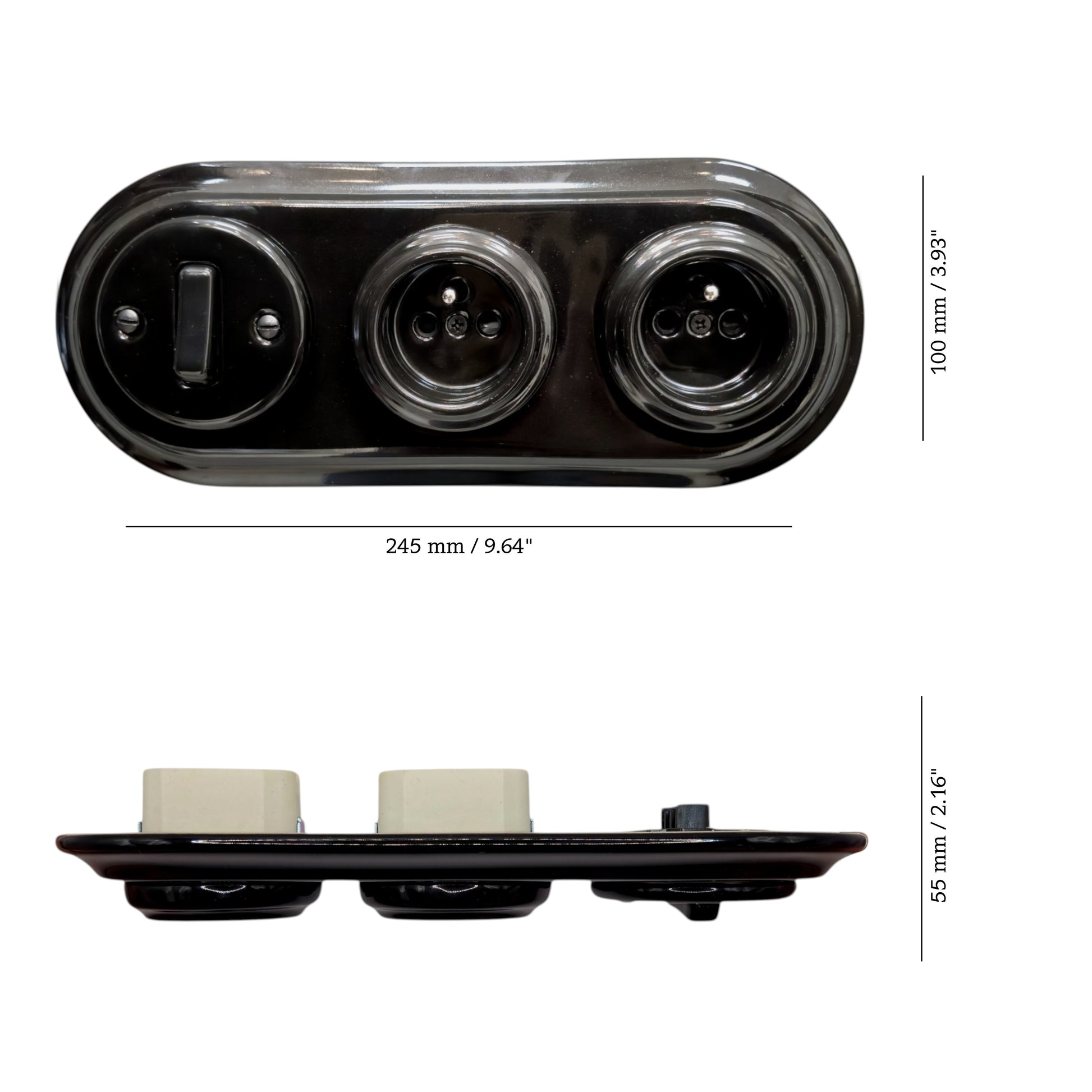 Double black French porcelain socket with light switch, flush-mount, measurements