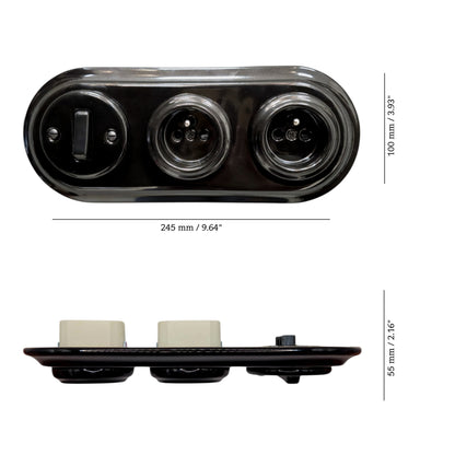 Double black French porcelain socket with light switch, flush-mount, measurements
