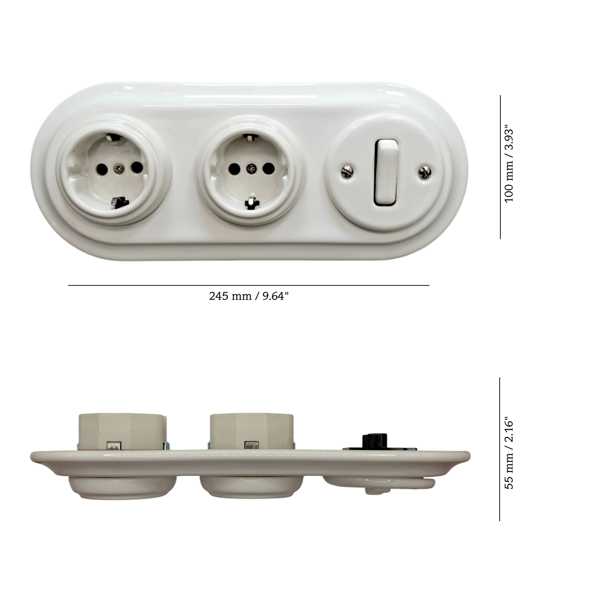 Double SCHUKO porcelain socket with light switch, white, flush-mounted, measurements