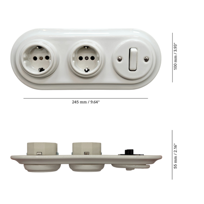 Double SCHUKO porcelain socket with light switch, white, flush-mounted, measurements