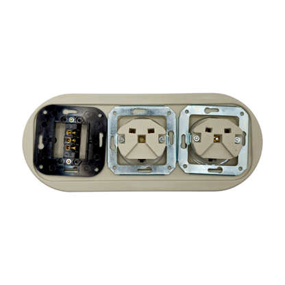 Flush Mount Double Schuko (Type F) Socket + Rocker Light Switch SET with Side Earth Clips in White Porcelain