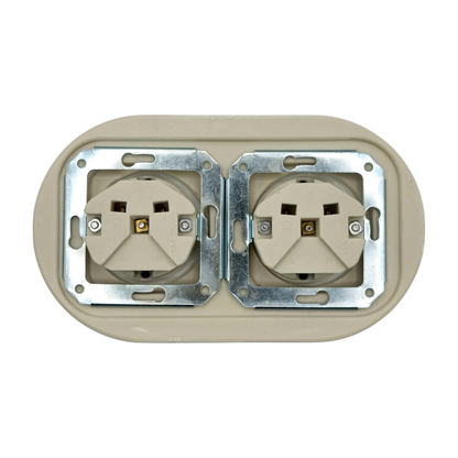 Flush Mount Schuko Socket (Type F) – Double Outlet with Side Earth Clips in White Porcelain