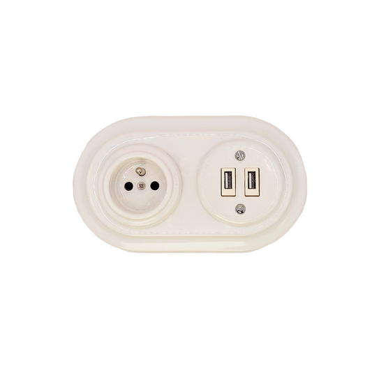 Porcelai USB French Socket – Retro Loft Style | Vintage Design, Flush-Mounted White
