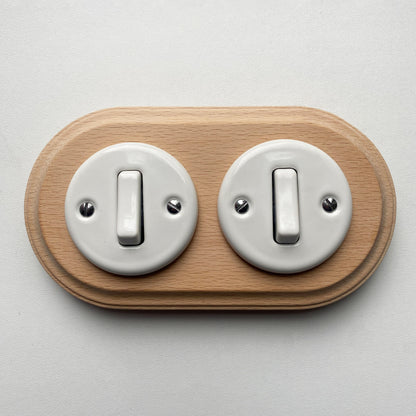 Wooden Frame Double Porcelain Light Switch Loft Retro 1-gang Two-way Flush-Mounting Vintage Cottage Ceramic Natural Wood With White